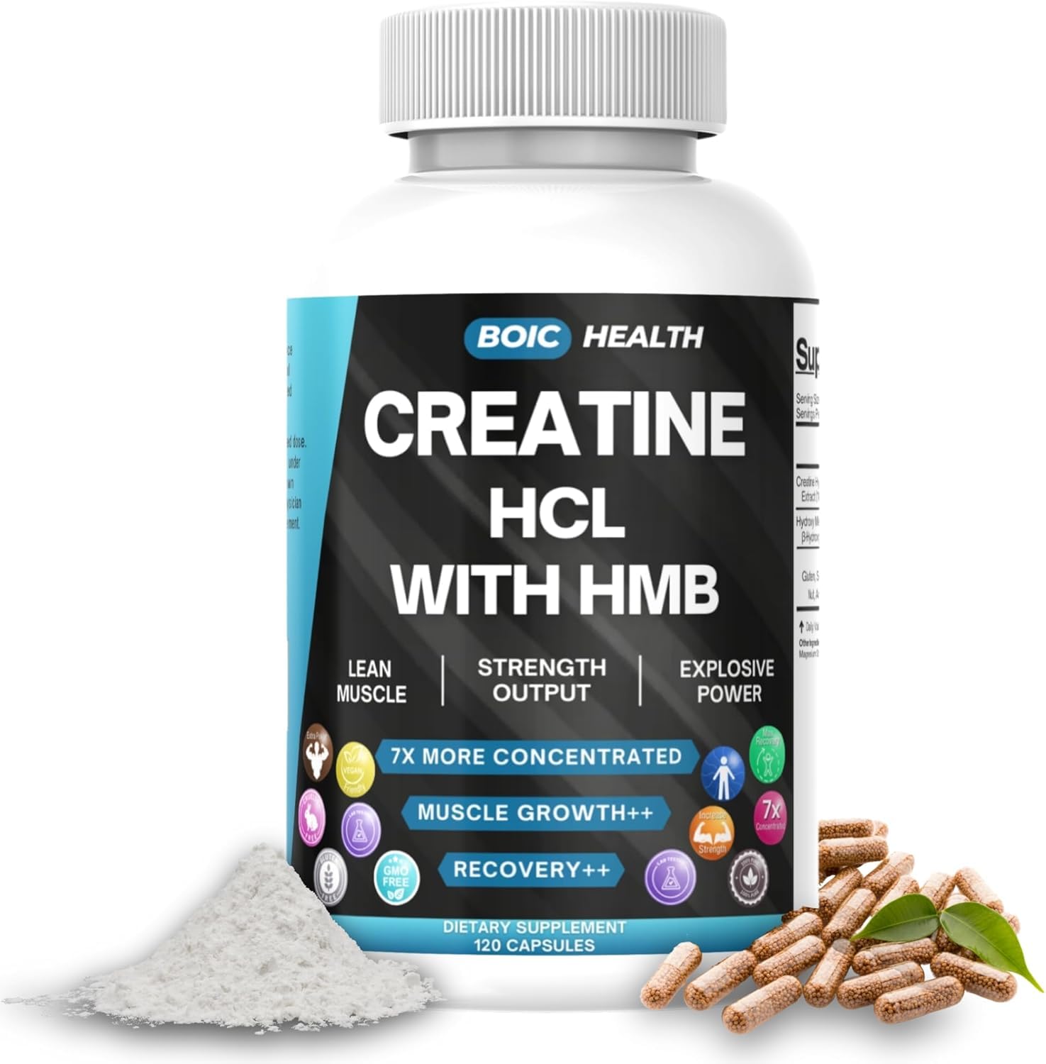 BOIC Creatine HCL + HMB capsules ready for pre- or post-workout routine.