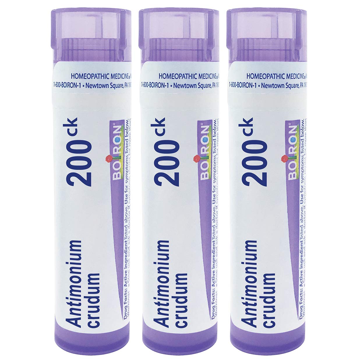 Boiron Antimonium Crudum 200CK pellets in a pack for quick, portable relief