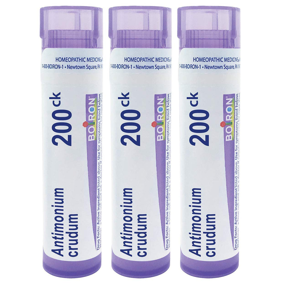 Boiron Antimonium Crudum 200CK pellets in a pack for quick, portable relief