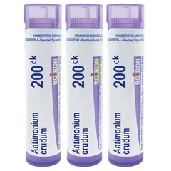 Boiron Antimonium Crudum 200CK pellets in a pack for quick, portable relief