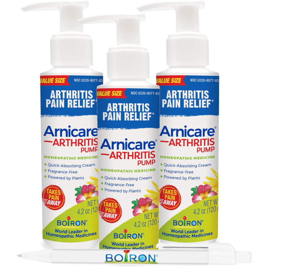 Boiron Arnicare Arthritis Cream pump bottle ready for quick use on joints.