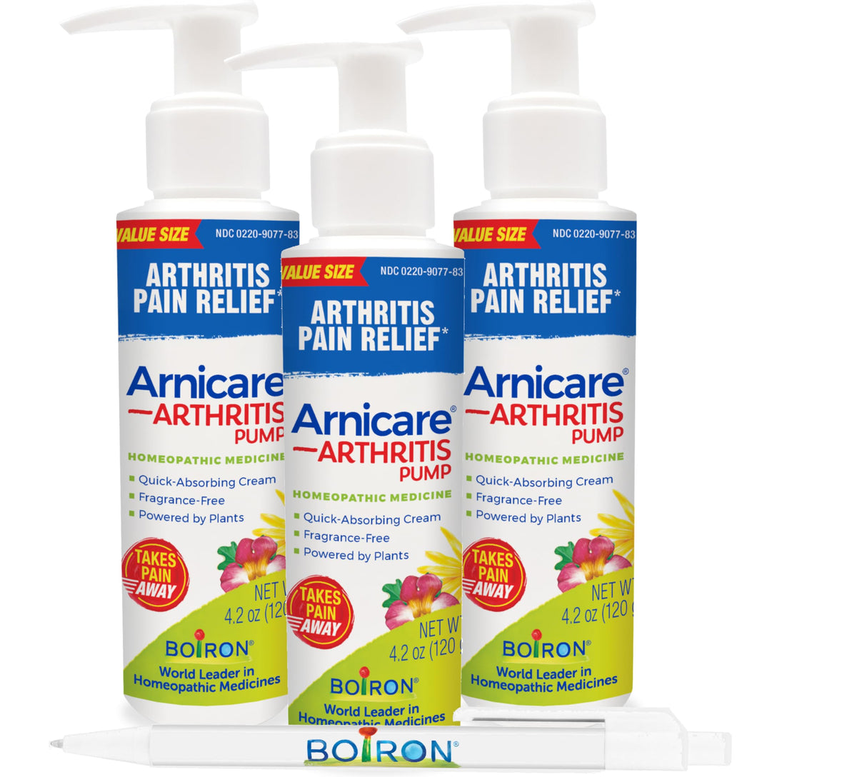 Boiron Arnicare Arthritis Cream pump bottle ready for quick use on joints.