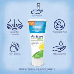 Boiron Arnicare Cream application on arm for soothing sore muscles after activity.