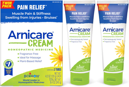 Boiron Arnicare Cream twin-pack box for at-home pain relief.