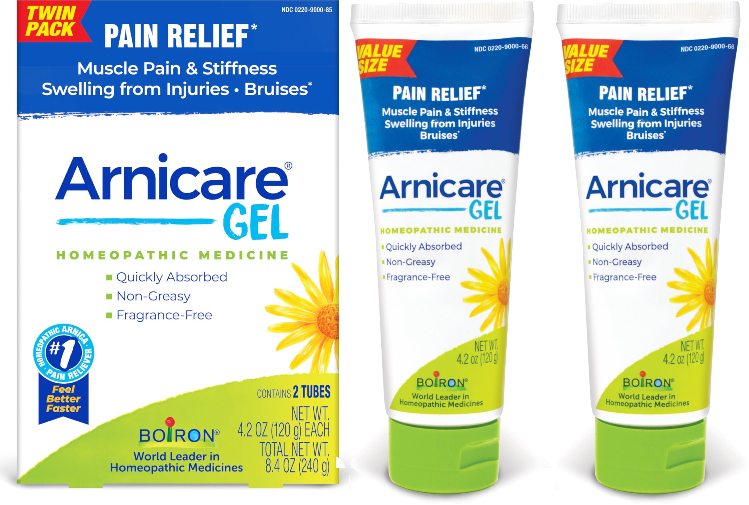 Boiron Arnicare Gel twin-pack bottles for home use.