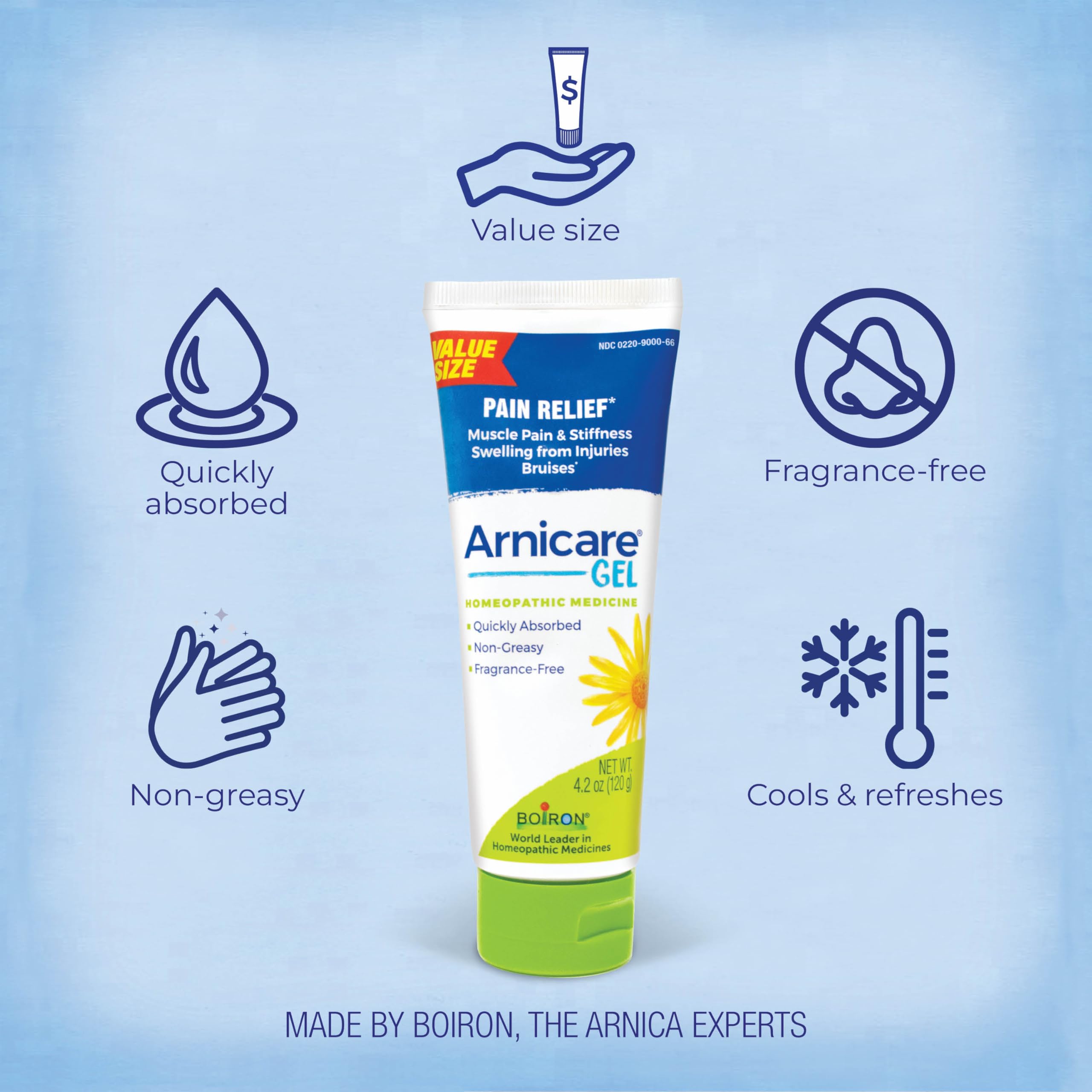 Boiron Arnicare Gel unscented packaging emphasizes fragrance-free relief.