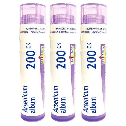 Boiron Arsenicum Album 200CK pellets in tubes for quick-dissolving GI symptom support.