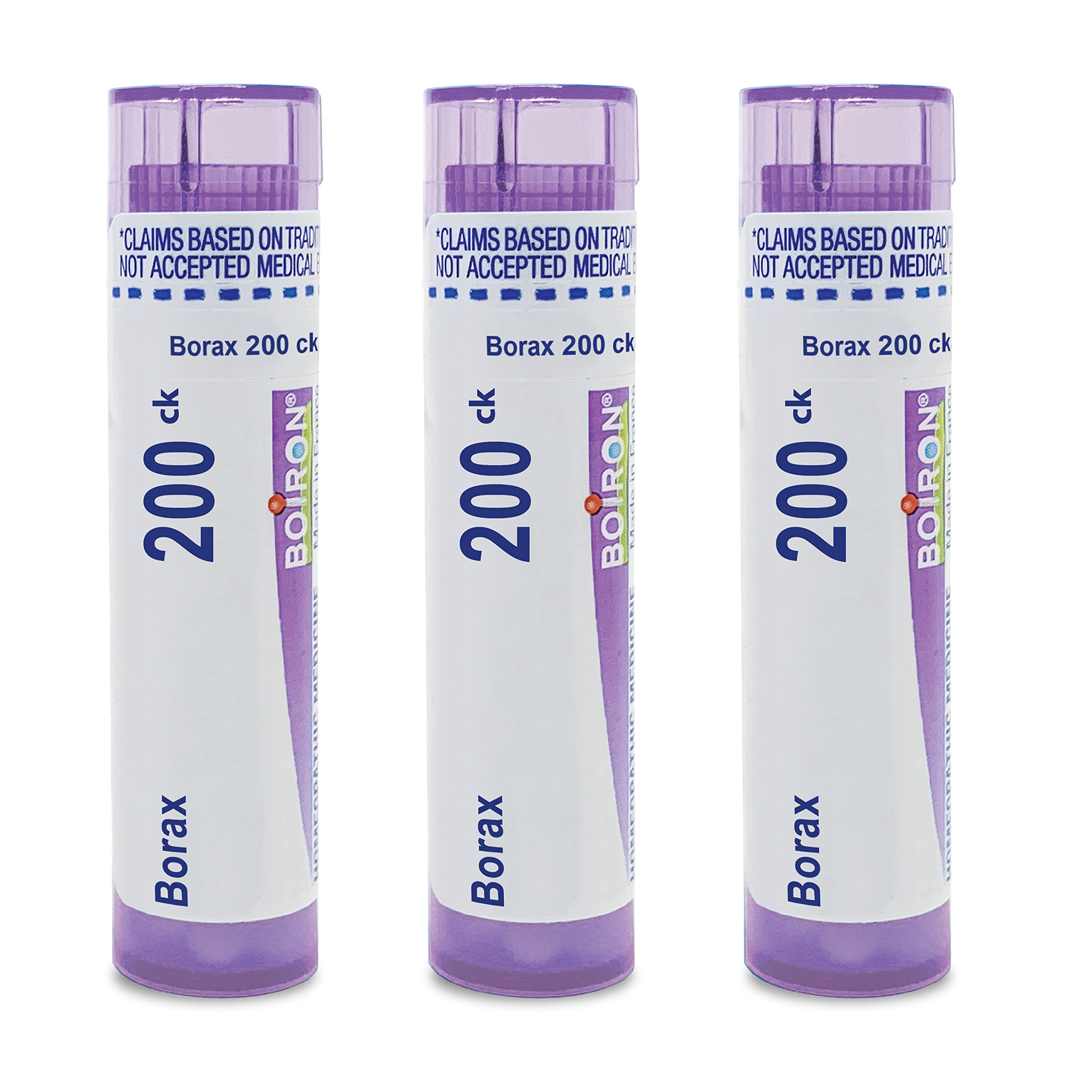 Boiron Borax 200Ck pellets in dispensing tube for convenient canker sore relief.