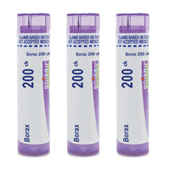 Boiron Borax 200Ck pellets in dispensing tube for convenient canker sore relief.