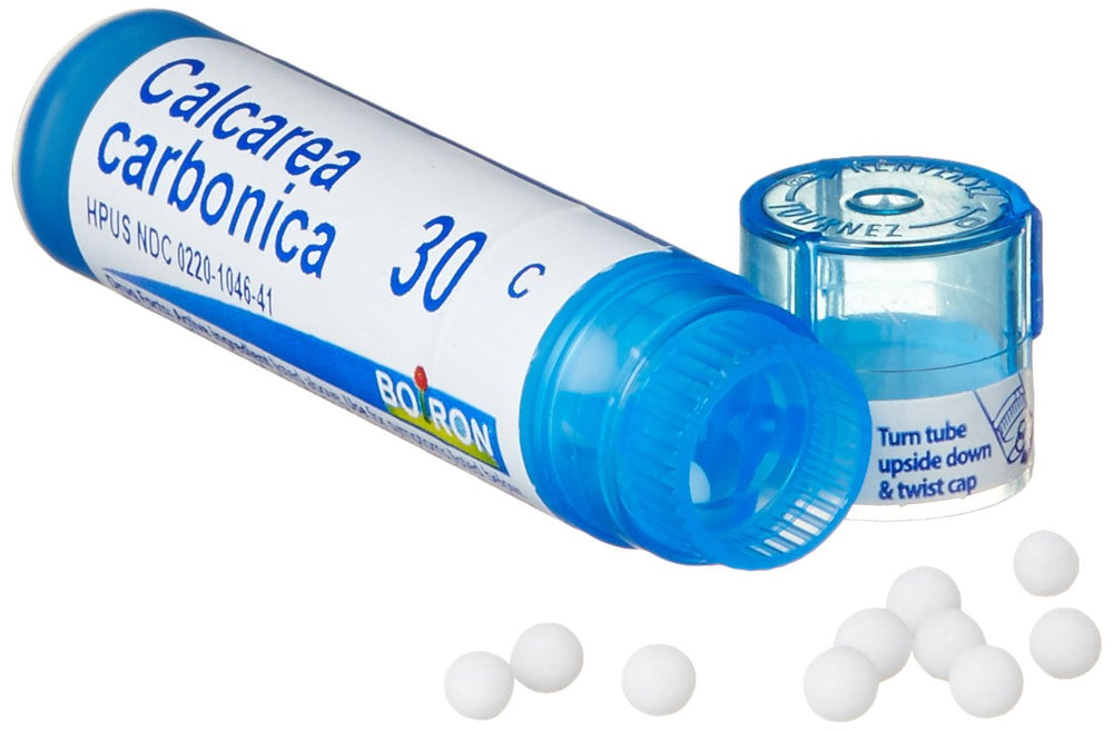 Boiron Calcarea Carbonica 30C pellets poured from a tube for quick use