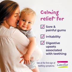 Baby smiles after relief from Boiron Camilia Drops soothing gums.