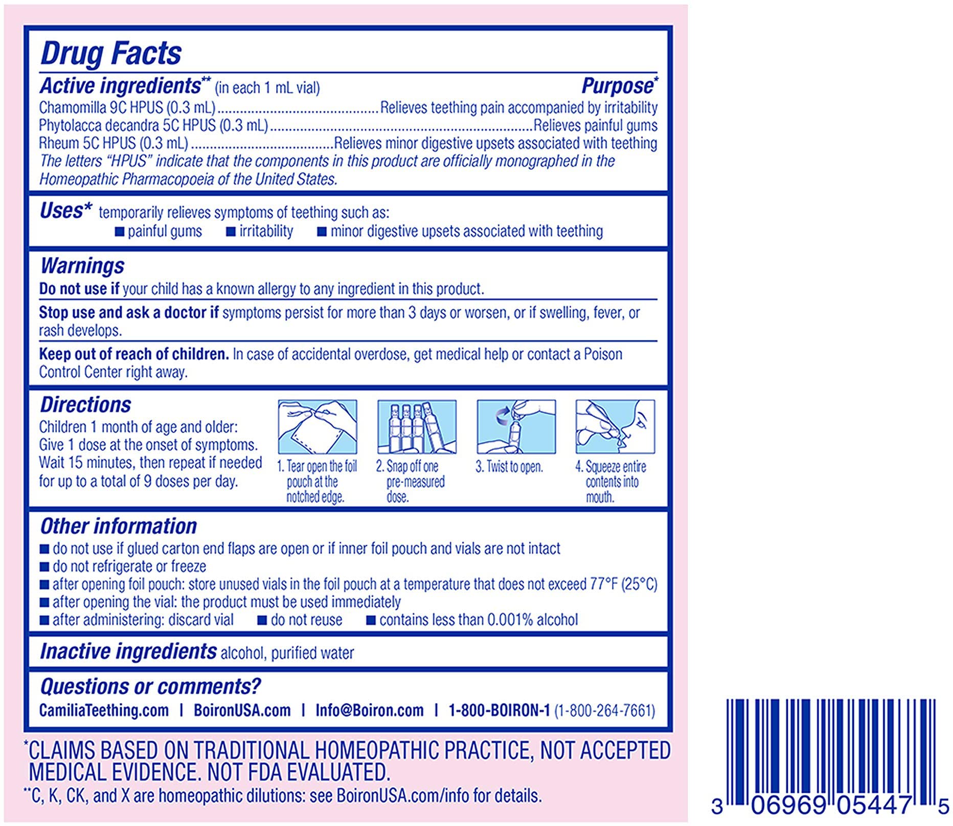 Boiron Camilia Drops dose vials for quick, hygienic administration.