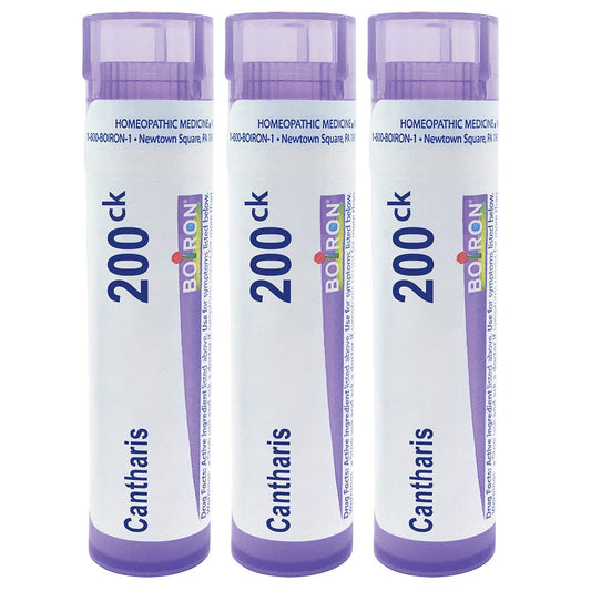 Boiron Cantharis 200CK pellets in a tube showing quick-dissolve format for blister relief