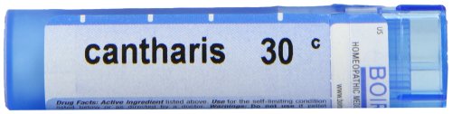 Boiron Cantharis 30C pellets closeup—tiny, easy-to-dissolve form.