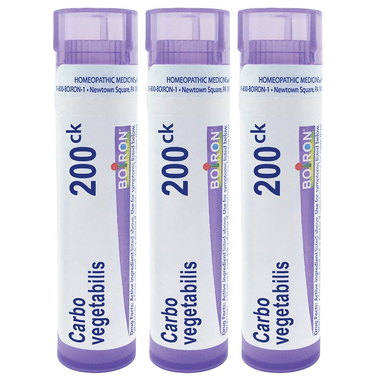 Boiron Carbo Vegetabilis pellets in tube for abdominal bloating relief.