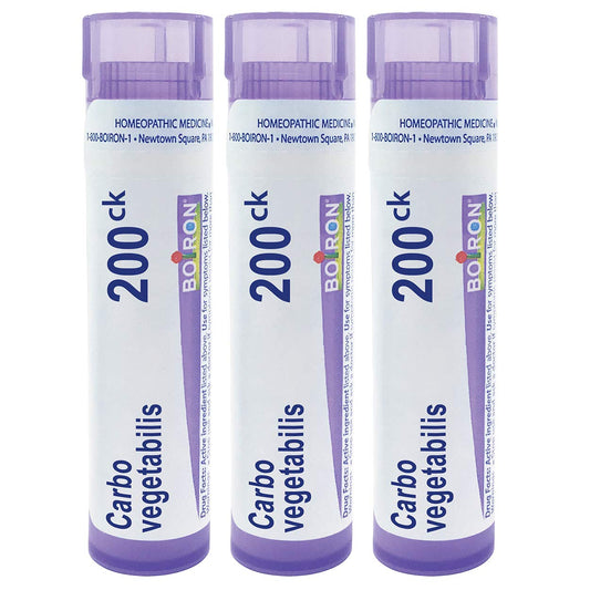 Boiron Carbo Vegetabilis pellets in tube for abdominal bloating relief.
