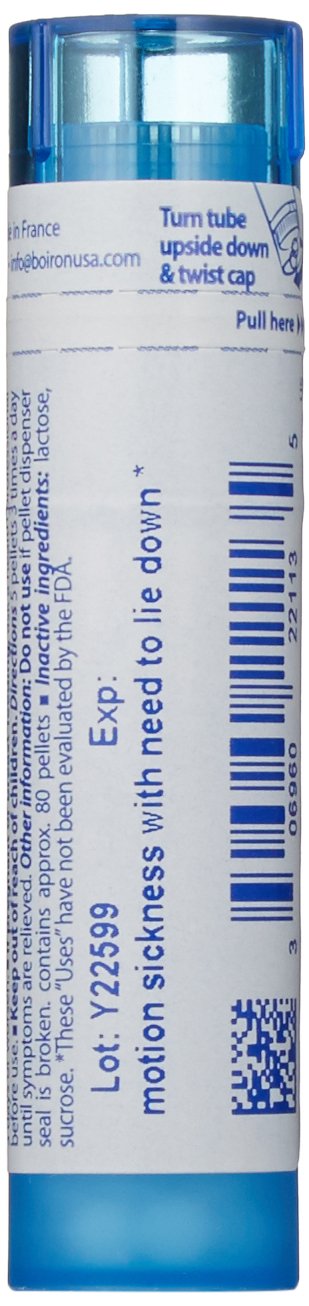 Boiron Cocculus Indicus 30C bottle label highlights homeopathic option for travel nausea.