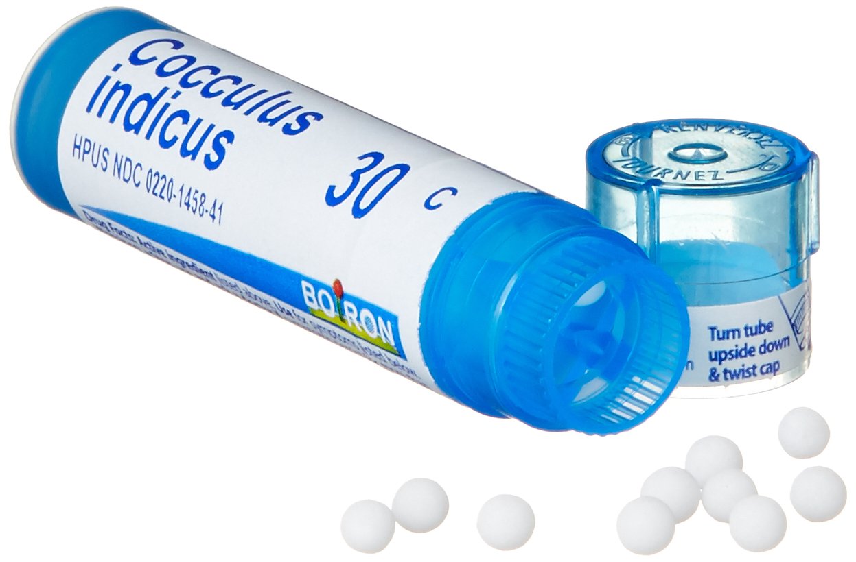 Boiron Cocculus Indicus 30C on shelf conveys convenient OTC motion relief.
