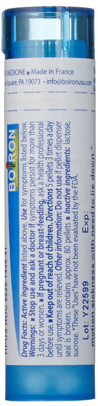 Boiron Cocculus Indicus 30C pellets closeup shows a natural option for motion discomfort.