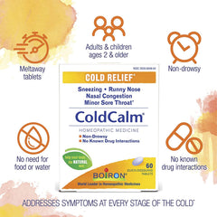 Boiron Coldcalm bottle label close-up highlighting quick-dissolving tablets.