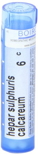 Bottle close-up of Boiron Hepar Sulphuris Calcareum 6C pellets for quick use