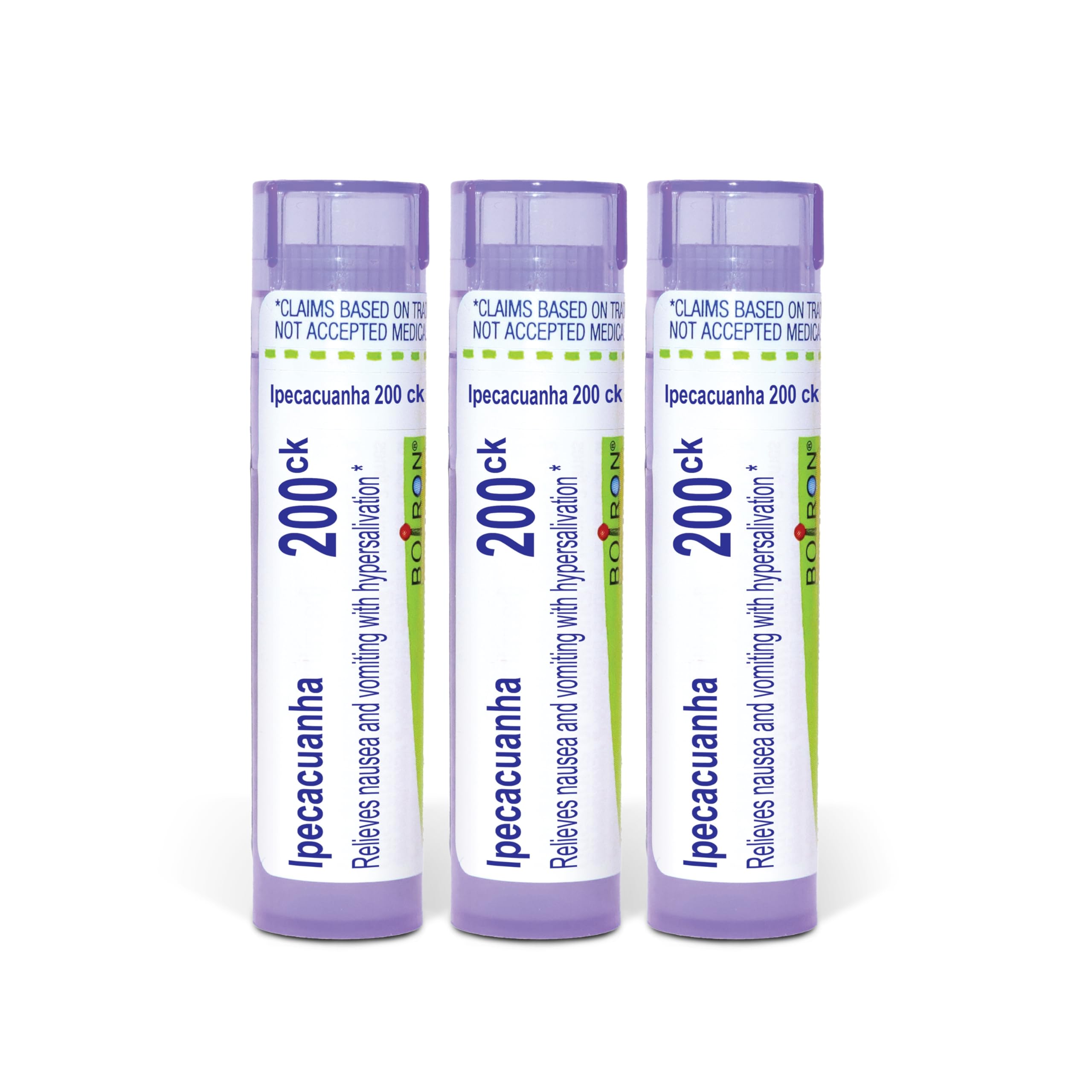 Boiron Ipecacuanha 200Ck pellets in a dispensing tube for on-the-go relief