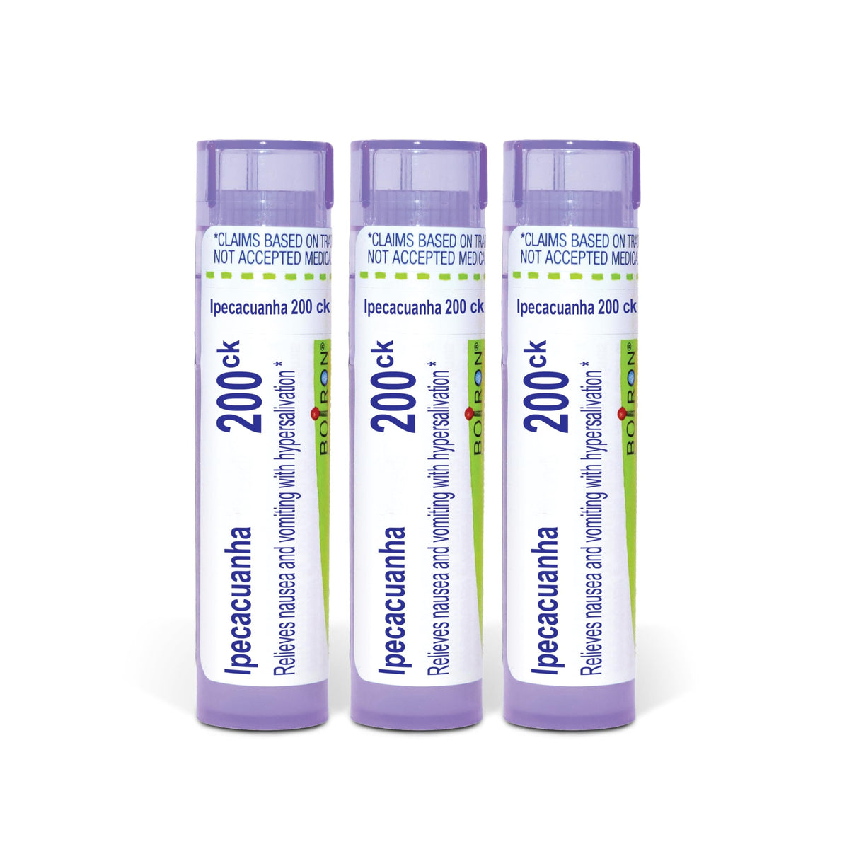 Boiron Ipecacuanha 200Ck pellets in a dispensing tube for on-the-go relief
