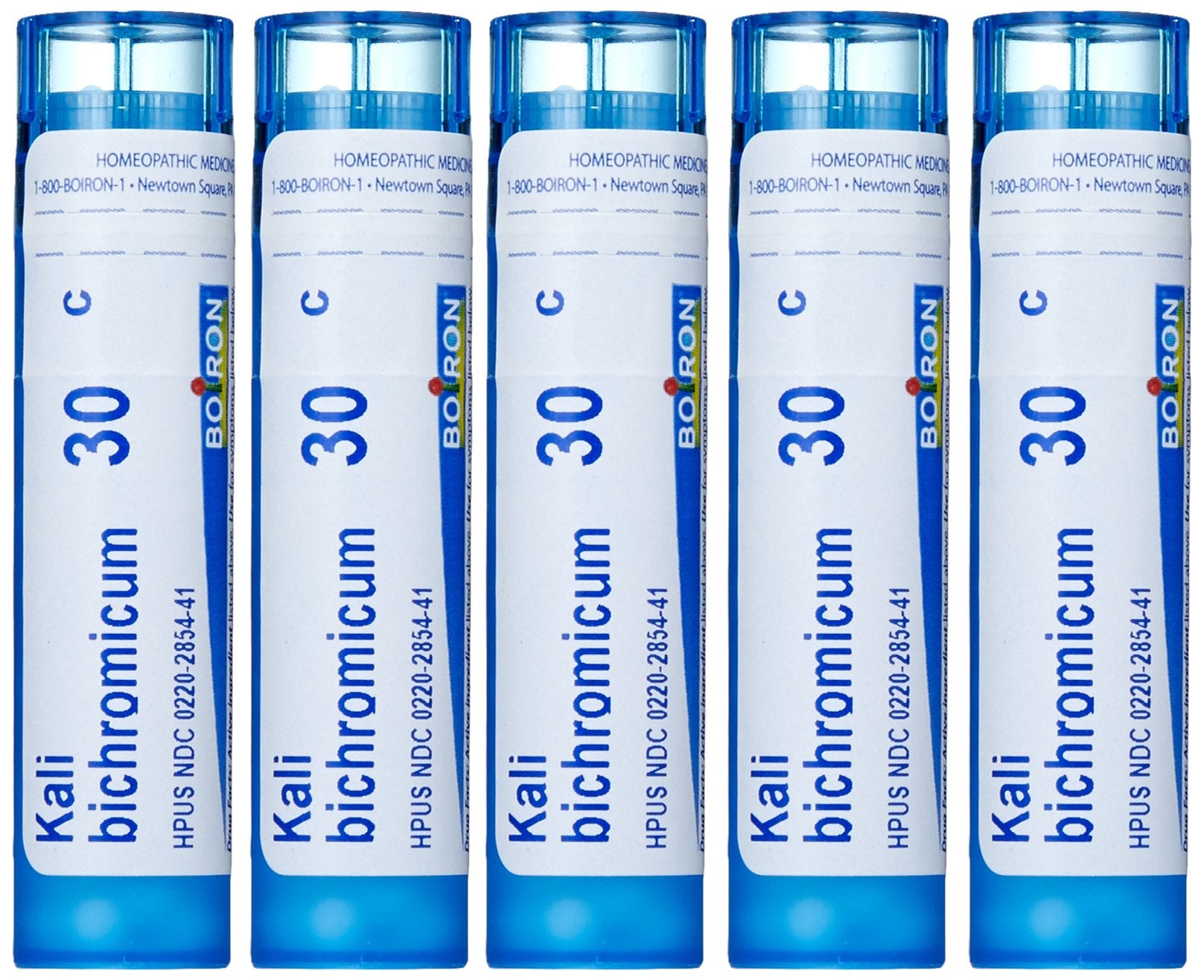 Boiron Kali Bichromicum 30C pellets for quick cold symptom relief, fast-dissolving on the tongue.