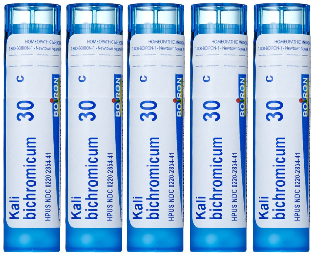 Boiron Kali Bichromicum 30C pellets for quick cold symptom relief, fast-dissolving on the tongue.