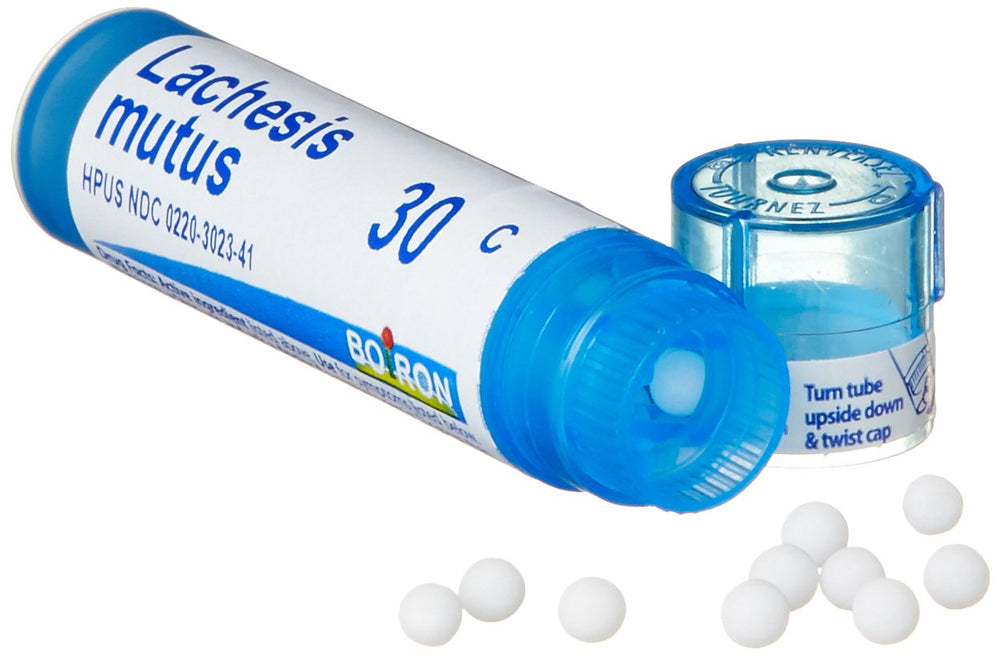 Boiron Lachesis Mutus 30C packaging showing five bottles in the set