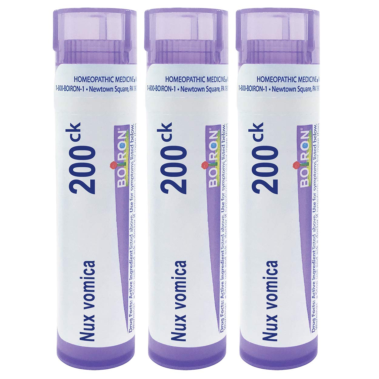 Boiron Nux Vomica 200CK pellets pack with compact tubes for on-the-go dosing.