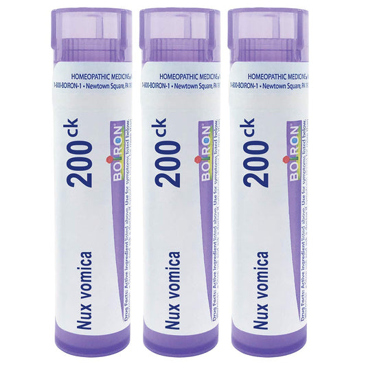 Boiron Nux Vomica 200CK pellets pack with compact tubes for on-the-go dosing.