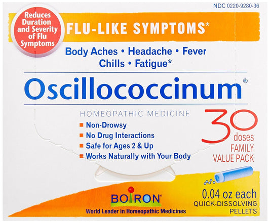 Boiron Oscillococcinum box showcases packaging, a potential aid for flu-like symptom relief.
