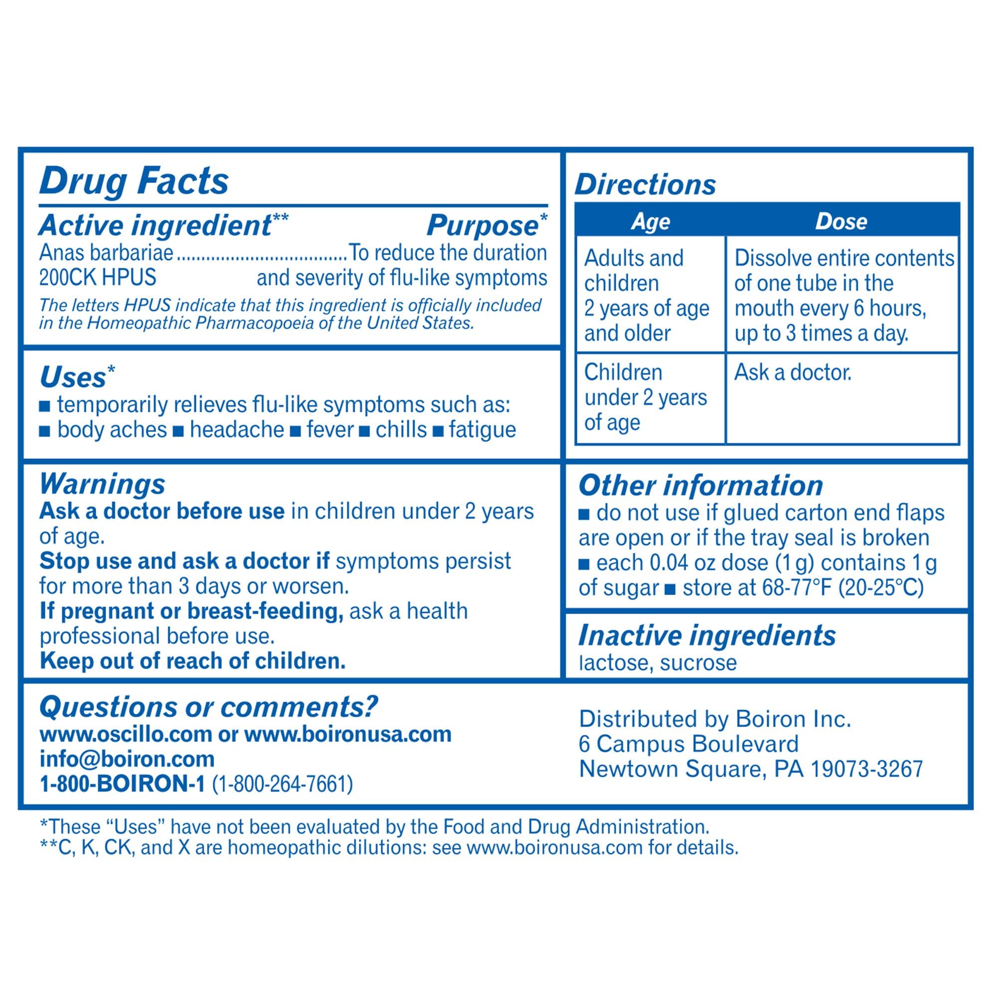 Boiron Oscillococcinum packaging back view showing product information