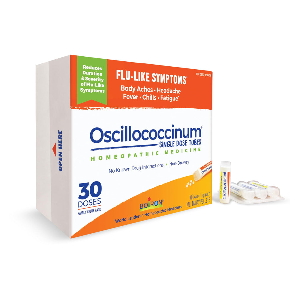 Boiron Oscillococcinum pellets in box may help ease flu-like symptoms