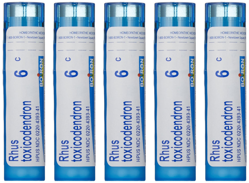 Boiron Rhus Toxicodendron 6C pellets in tubes, potential support for joint discomfort.