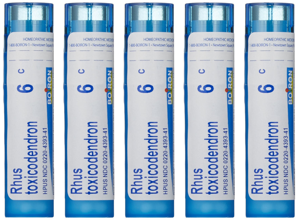 Boiron Rhus Toxicodendron 6C pellets in tubes, potential support for joint discomfort.