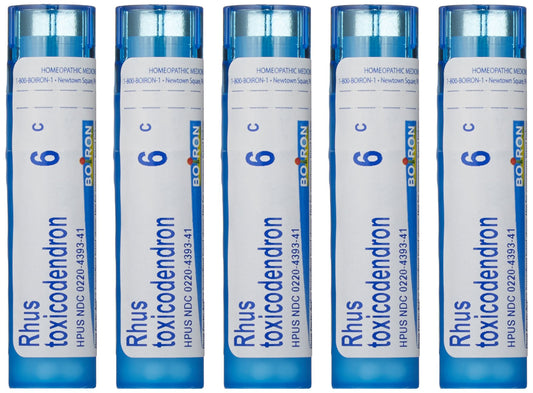 Boiron Rhus Toxicodendron 6C pellets in tubes, potential support for joint discomfort.