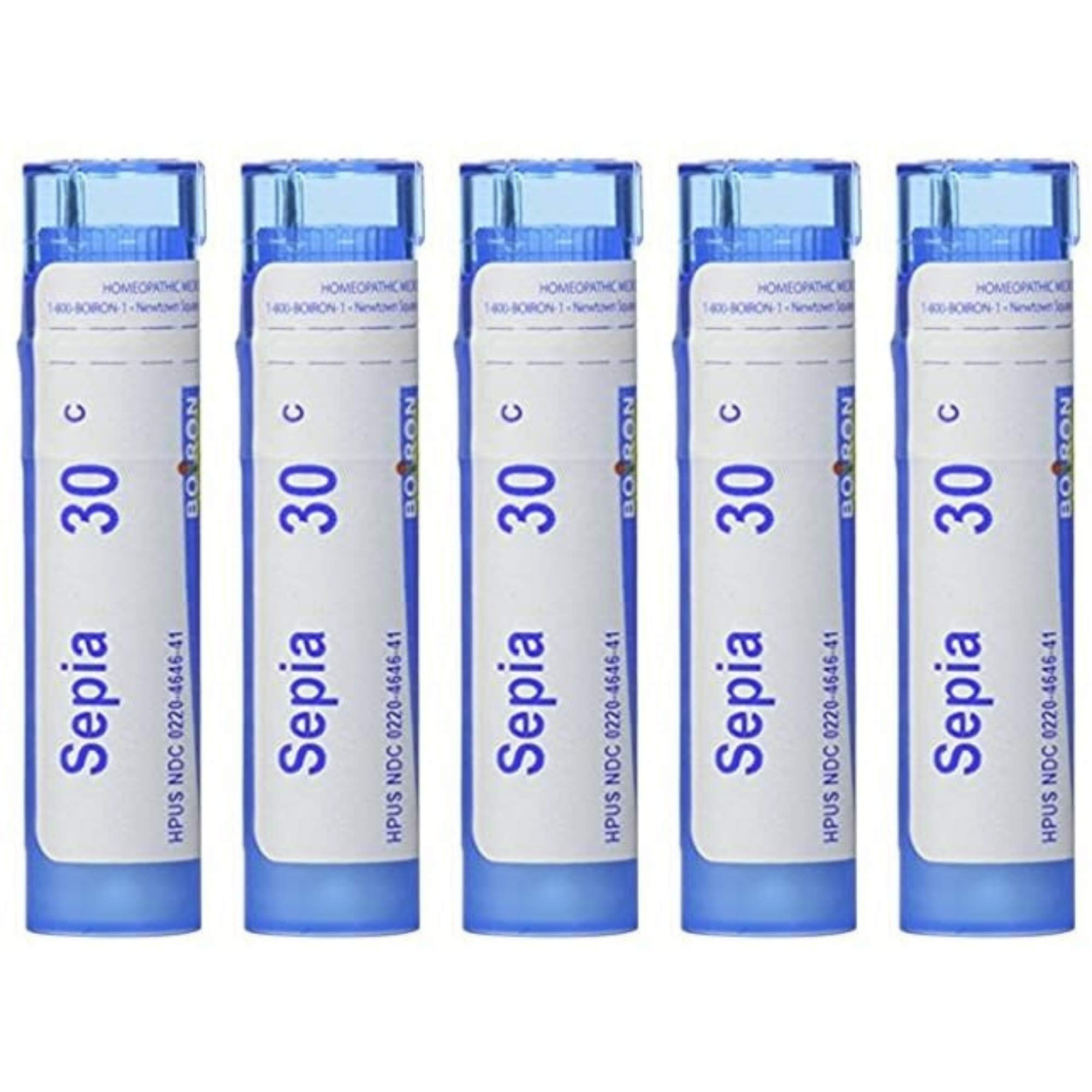 Boiron Sepia 30C five-bottle pack for natural mood support and daily balance.