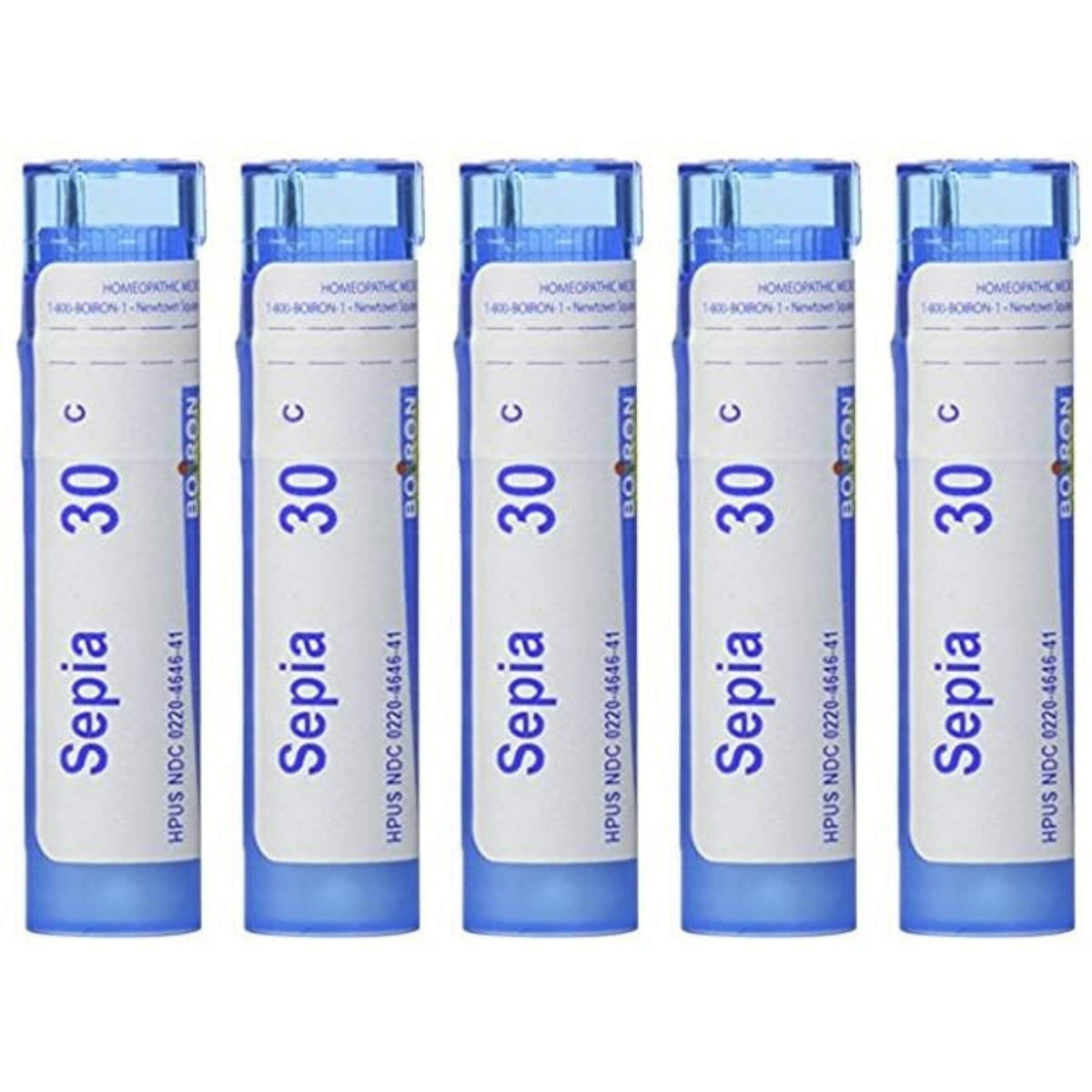 Boiron Sepia 30C five-bottle pack for natural mood support and daily balance.