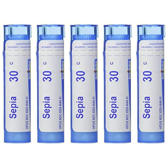 Boiron Sepia 30C five-bottle pack for natural mood support and daily balance.