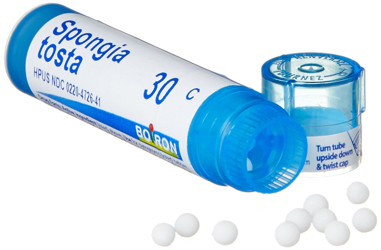 First signs of cough usage with Boiron Spongia Tosta 30C for home care.