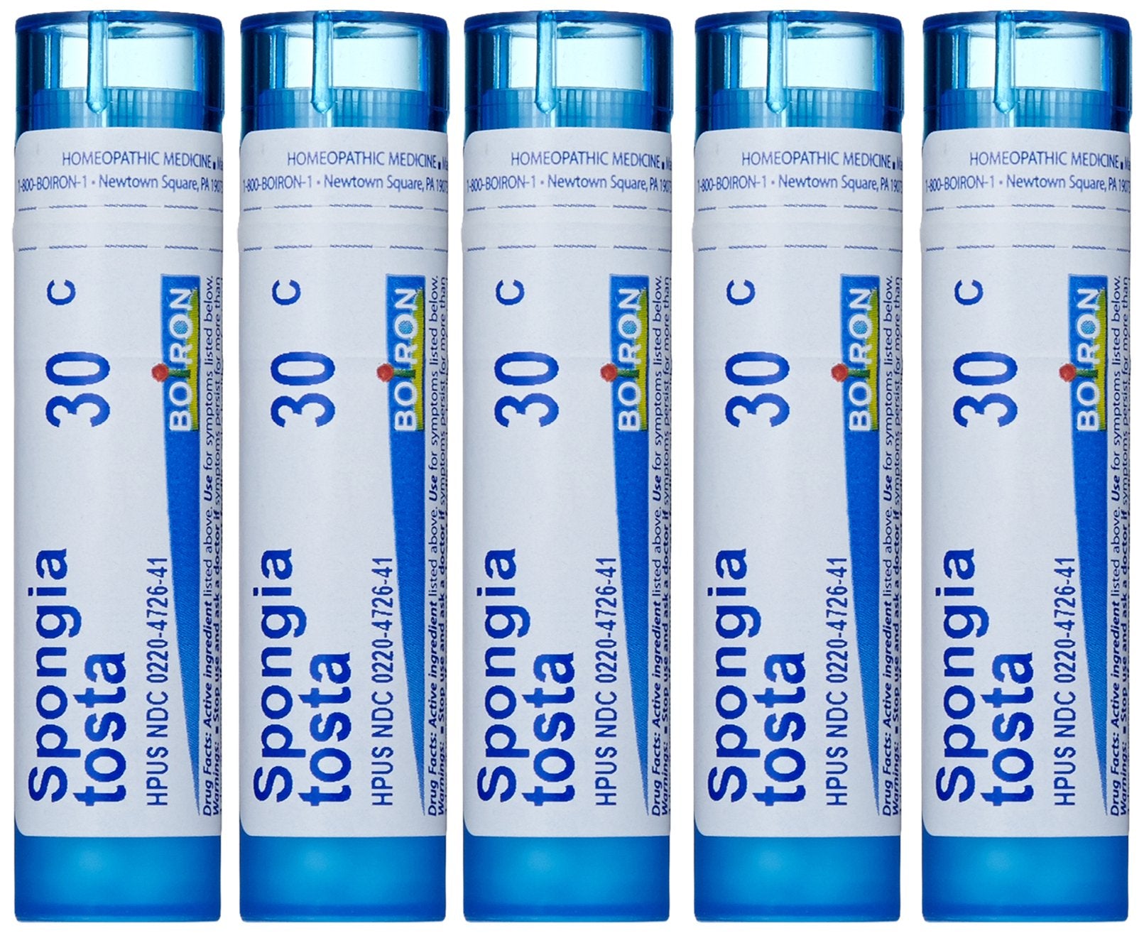 Boiron Spongia Tosta 30C pellets for quick relief at first symptoms.