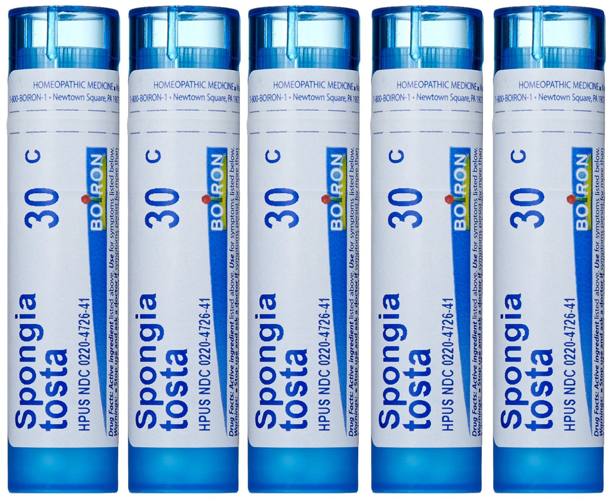 Boiron Spongia Tosta 30C pellets for quick relief at first symptoms.