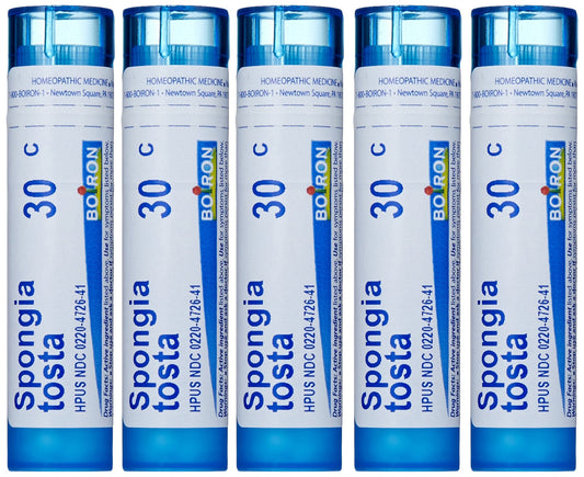 Boiron Spongia Tosta 30C pellets for quick relief at first symptoms.