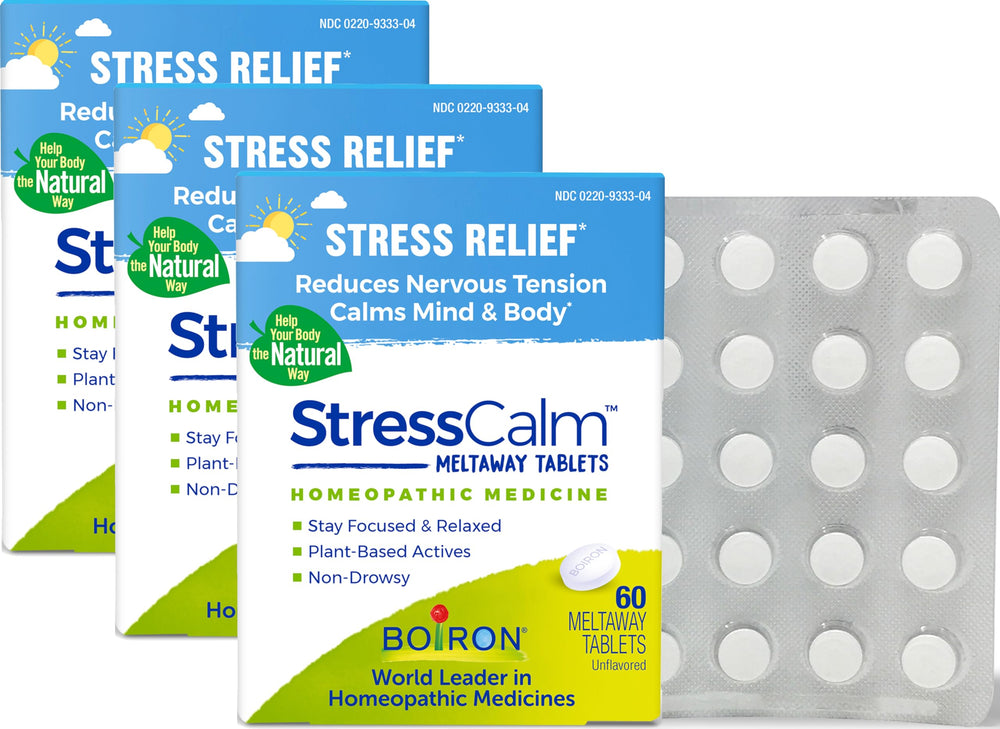 Boiron StressCalm meltaway tablet dissolves in the mouth for discreet relief.