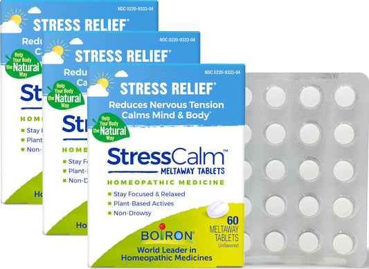 Boiron StressCalm meltaway tablet dissolves in the mouth for discreet relief.