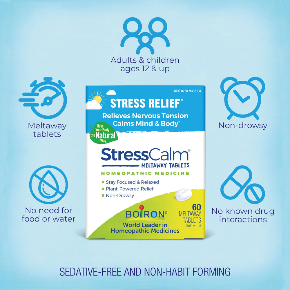 Boiron StressCalm being used by an adult on the go for focus.