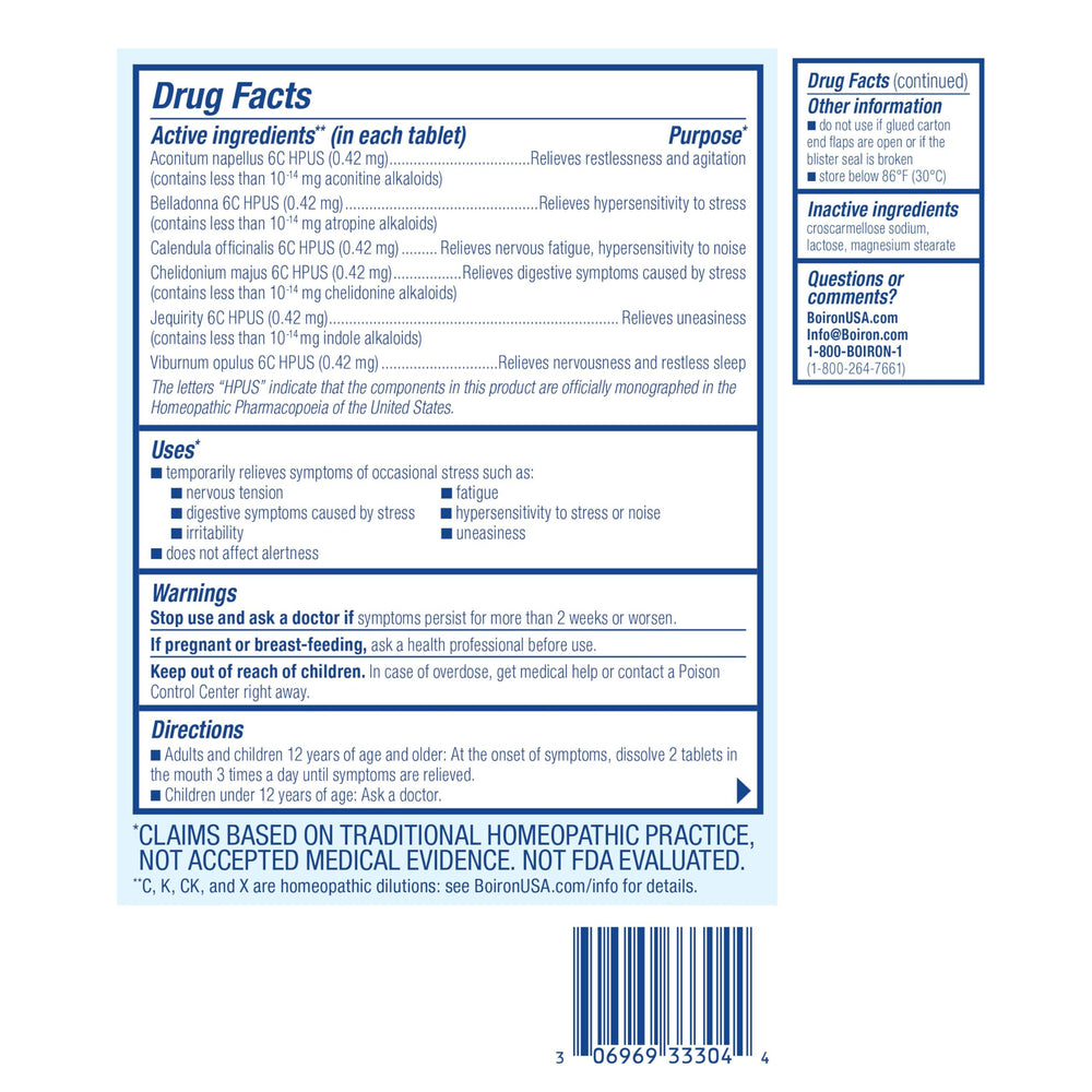 Boiron StressCalm packaging box shows convenient blister packs for travel.