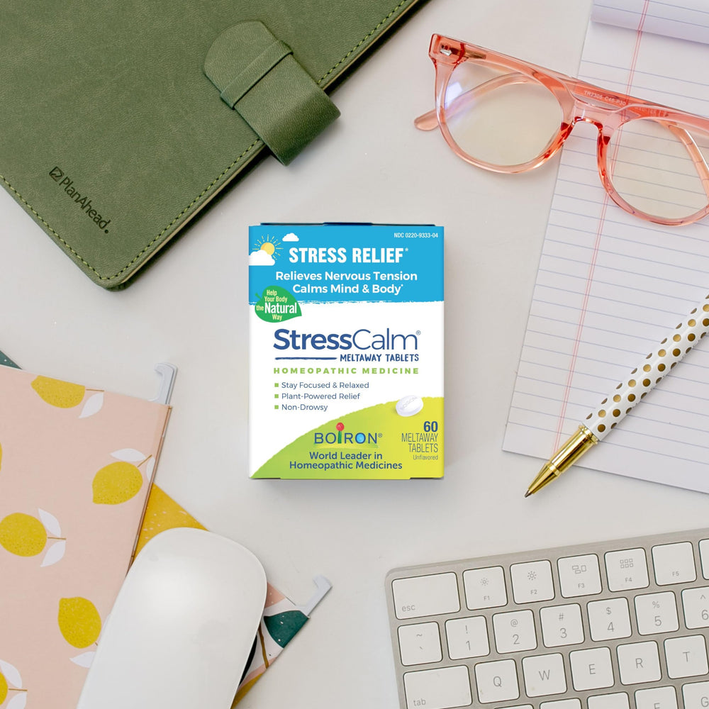Boiron StressCalm travel-friendly box fits in a bag.